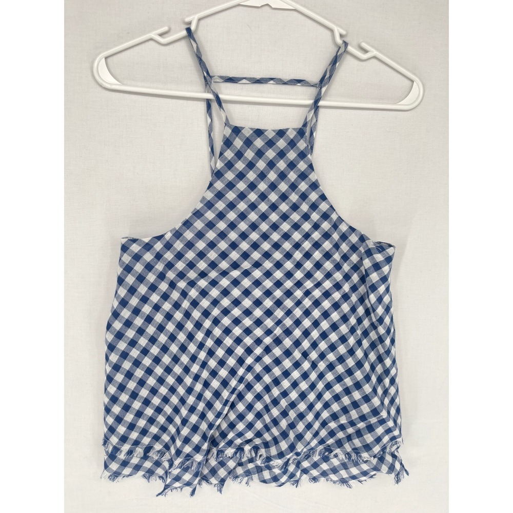 American Eagle Gingham Halter Top Blue White Fringed Hem XS Camisole T-Back